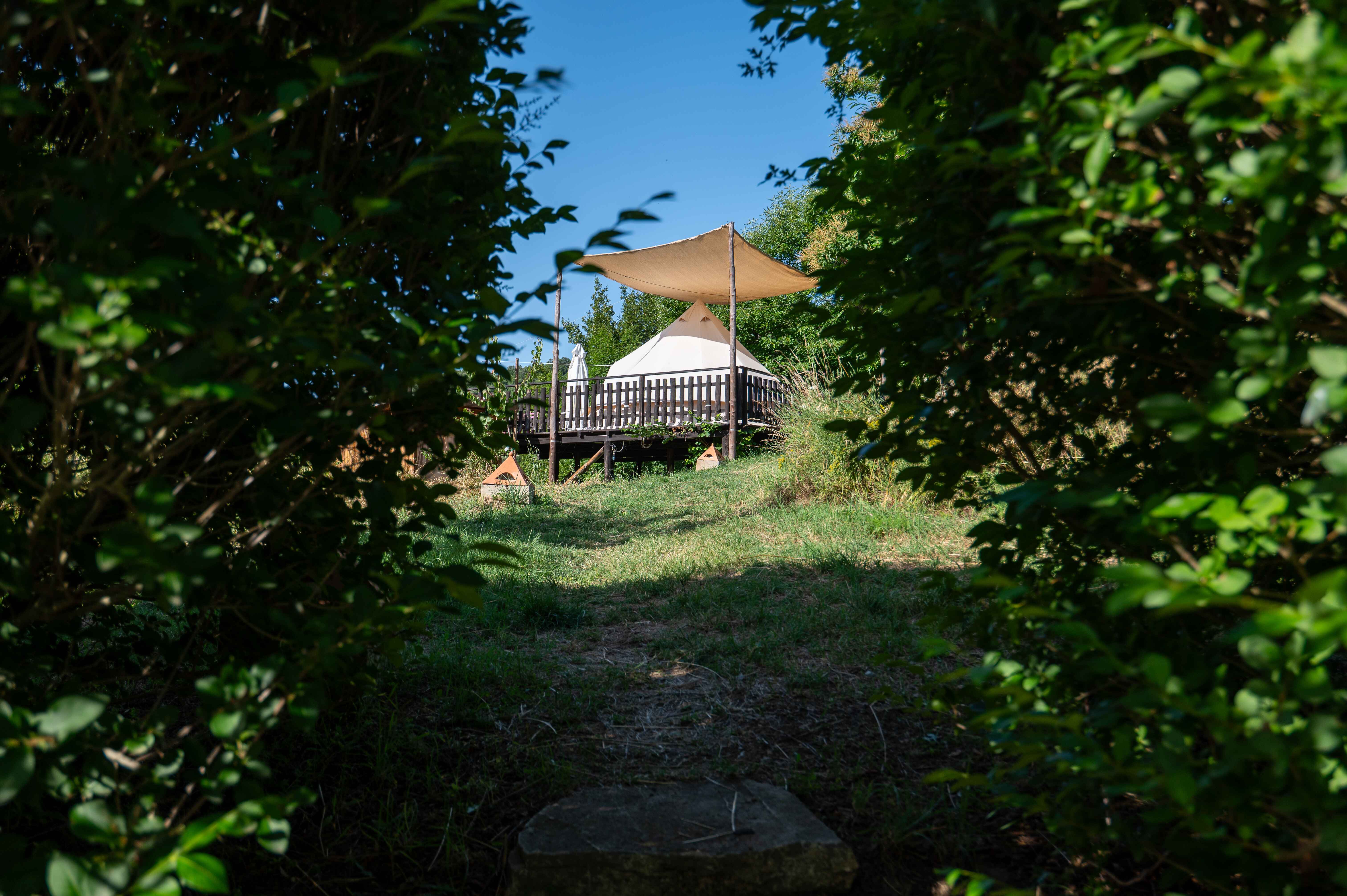 A glamping tent in a dream landscape