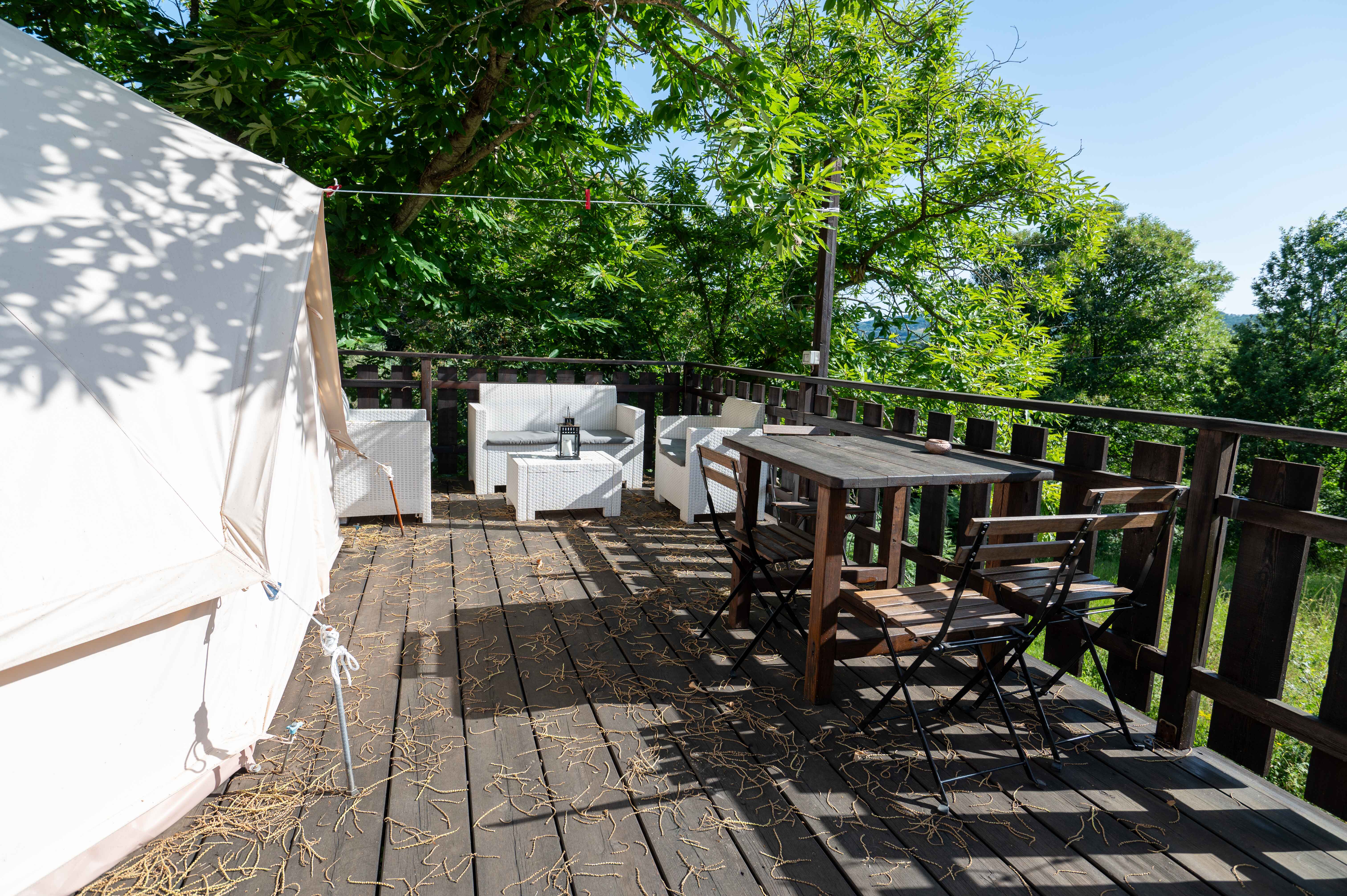 A glamping tent in a dream landscape