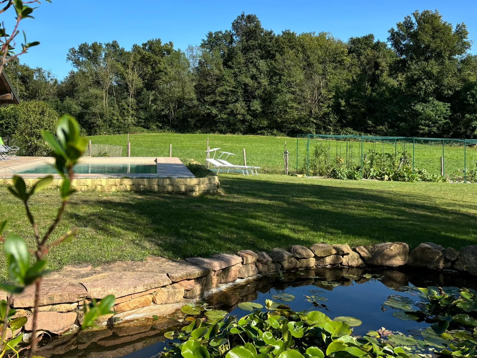 Emplacement de tente sur pelouse dans un jardin clos