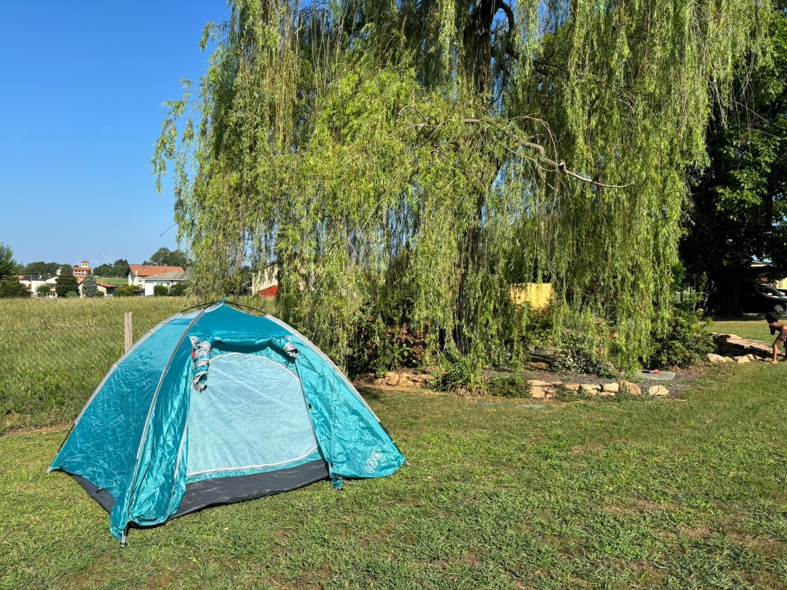 Emplacement de tente sur pelouse dans un jardin clos